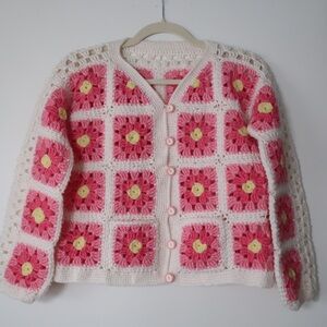 Vintage Pink and White Floral Pattern Crochet Cardigan